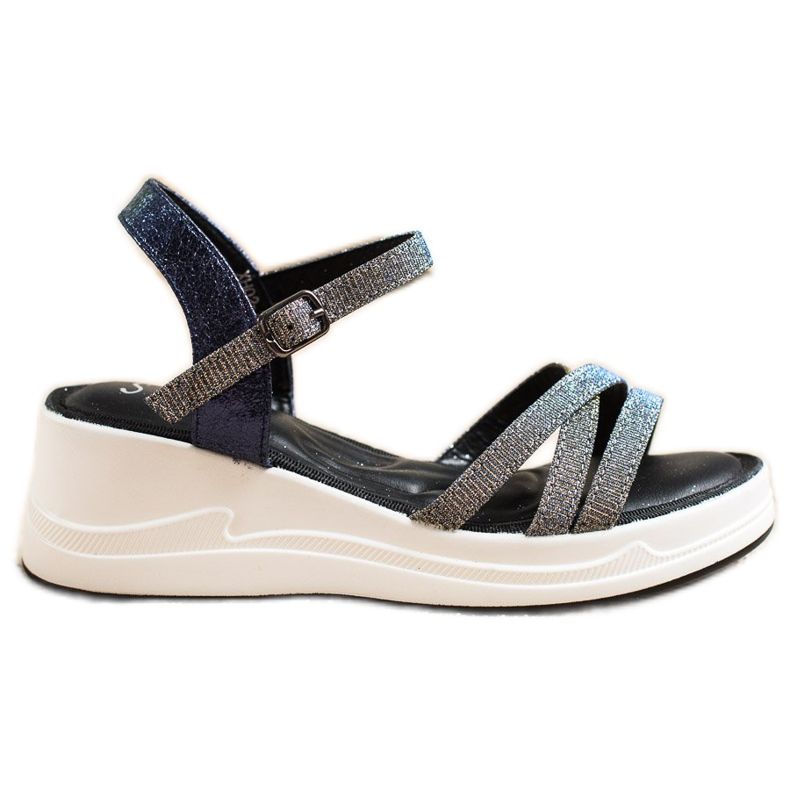 Small Swan Sandálias brilhantes em cunha azul marinho cinza