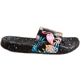 Bona Chinelos elegantes com um flamingo preto multicolorido