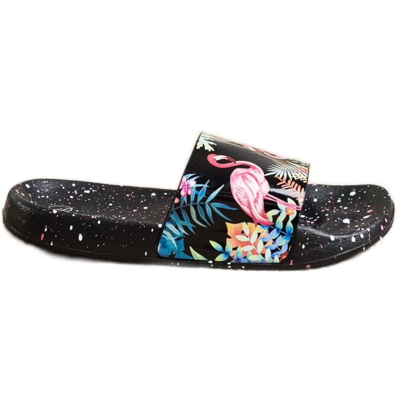 Bona Chinelos elegantes com um flamingo preto multicolorido