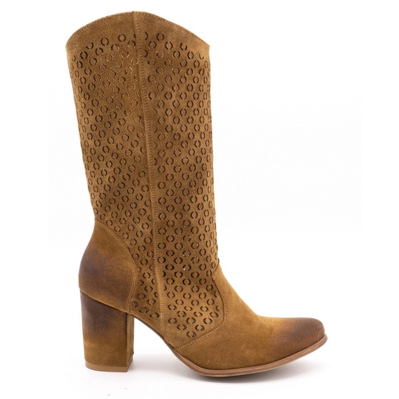 EXQUISITE Botas femininas de couro com salto alto 1224 conhaque marrom castanho