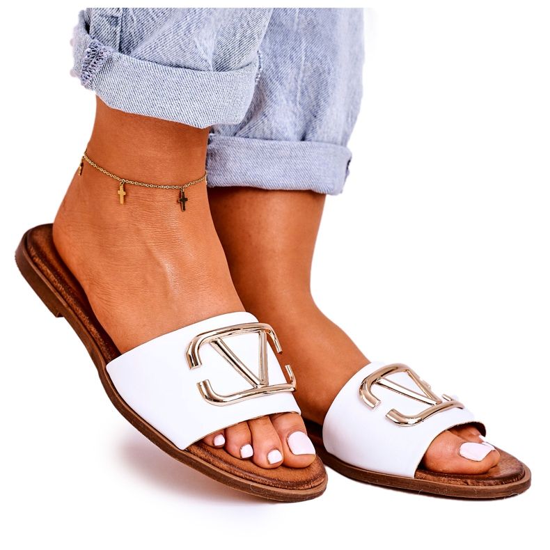 Nicole Chinelos femininos clássicos de couro branco evie dourado