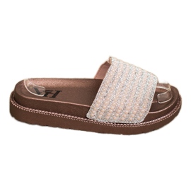 SHELOVET Chinelos na plataforma com zircônia cúbica bege dourado