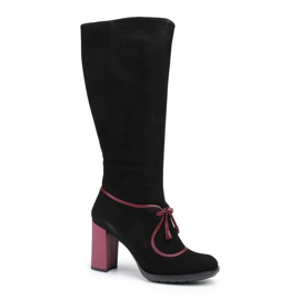 Marco Shoes Botas de couro camurça preta com salto roxo e inserções roxas preto