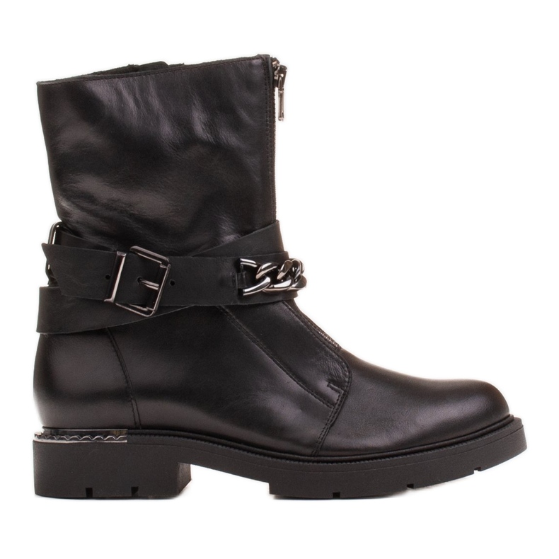 Marco Shoes Botins de couro com corrente, fivela e zíper. Trappers preto Marco Shoes Botins de couro com corrente, fivela e zíper. Trappers preto