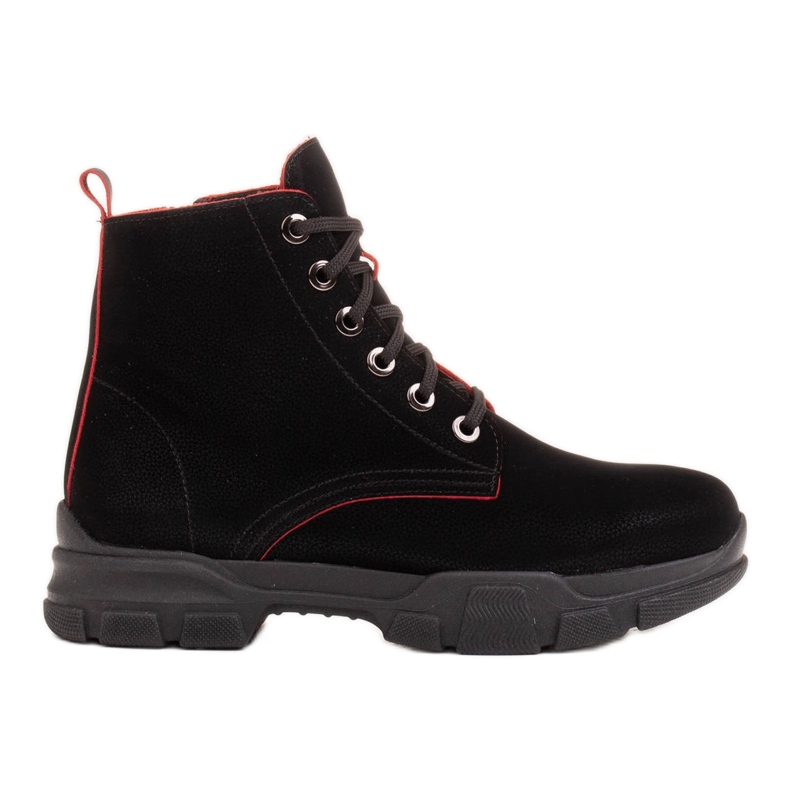 Marco Shoes Botas femininas de couro preto com bordas vermelhas