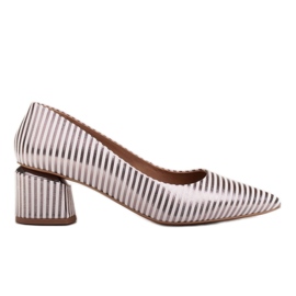 Marco Shoes Bombas com listras brancas e prata com saltos dourados branco
