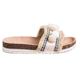 SHELOVET Chinelos elegantes com pompons bege