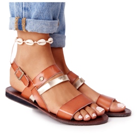 Sandálias rasteiras femininas, Doris marrom e dourado