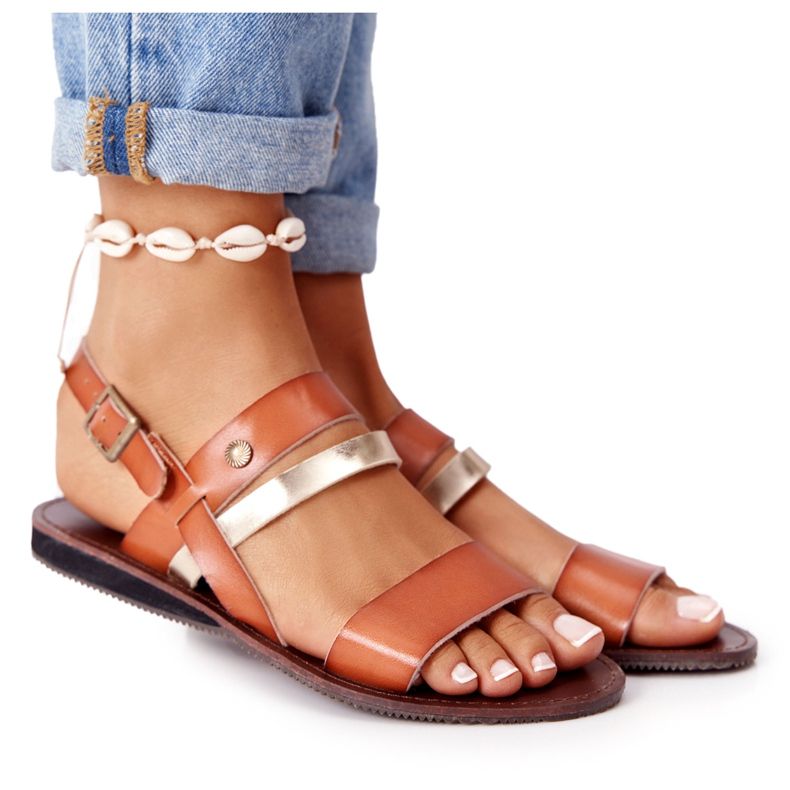 Sandálias rasteiras femininas, Doris marrom e dourado castanho