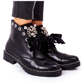 PS1 Botas quentes com pérolas de metal, strass e fita preta Perla preto