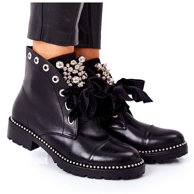 PS1 Botas quentes com pérolas de metal, strass e fita preta Perla preto