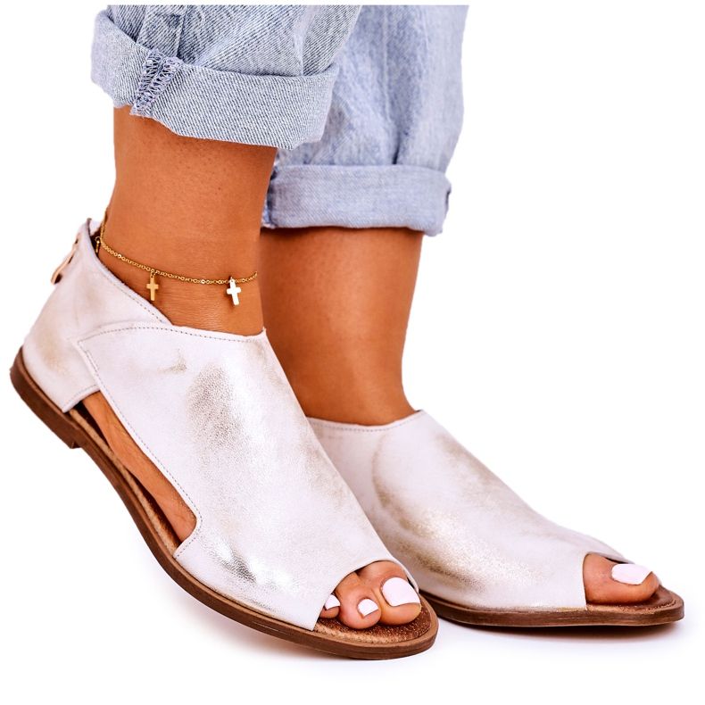 Nicole Sandálias de couro liso feminino Natalie branco dourado