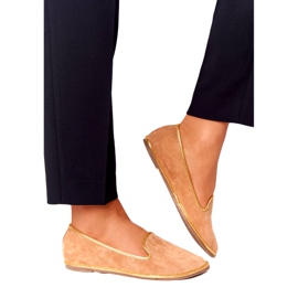Mocassins de camurça femininos Lu Boo Camel bege dourado Mocassins de camurça femininos Lu Boo Camel bege dourado
