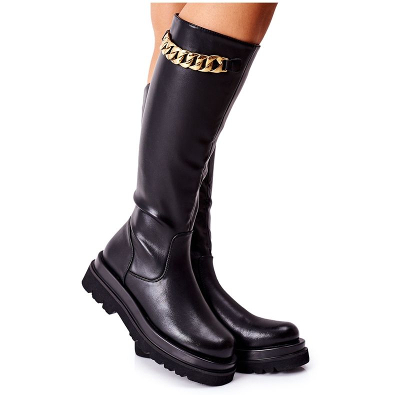 S.Barski Botas altas pretas femininas com corrente Vivien preto
