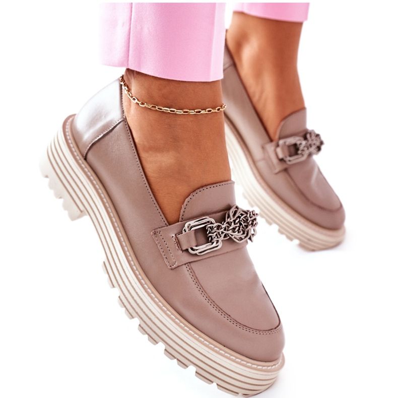 Mocassins Brogues Femininos de Couro Bege Escuro Laura Messi 2383