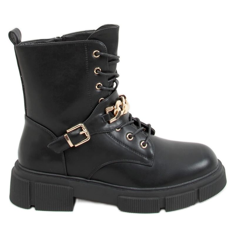 Botas militares com corrente preta HB-106 PU / PRETA preto Botas militares com corrente preta HB-106 PU / PRETA preto