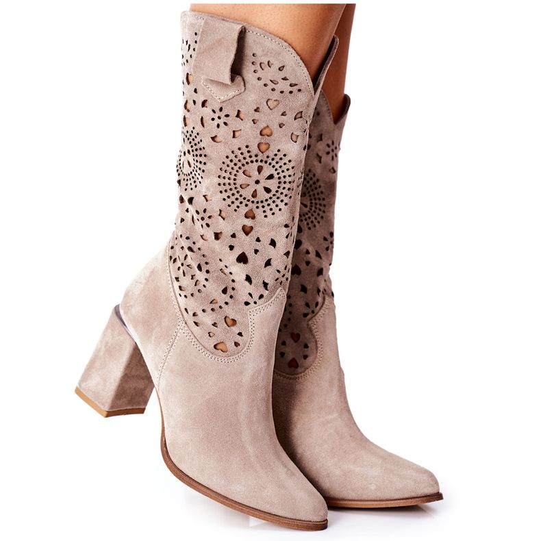 Lewski Shoes Botas de couro femininas com salto Cappuccino Lewski 2923 Pick Me Up bege