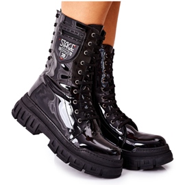 NAVY DOT Armadilhas de botas femininas Lacquered Black Coriera preto