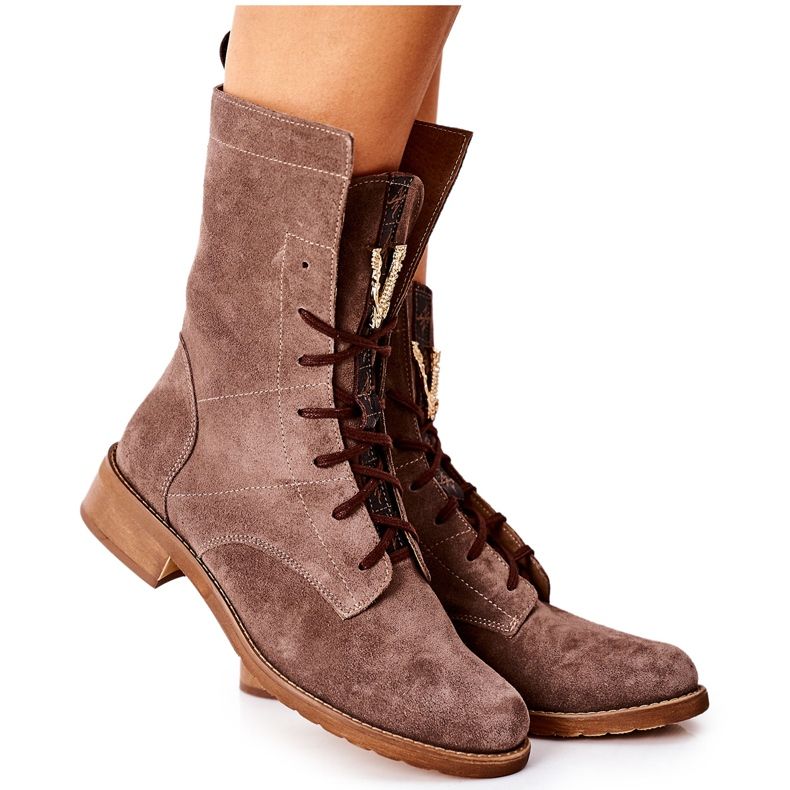 Botas femininas de couro de veludo Nicole Brown 2581/032 castanho