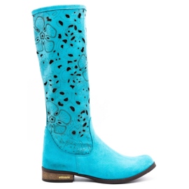 Olivier Botas femininas bordadas com flores turquesa azul
