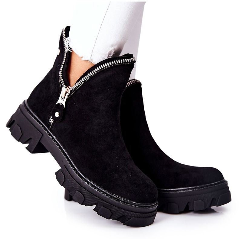 FI1 Botas femininas pretas de camurça com recortes preto