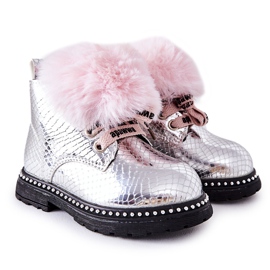 PA1 Botas Quentes Infantis Com Pele Prata Rosea rosa PA1 Botas Quentes Infantis Com Pele Prata Rosea rosa