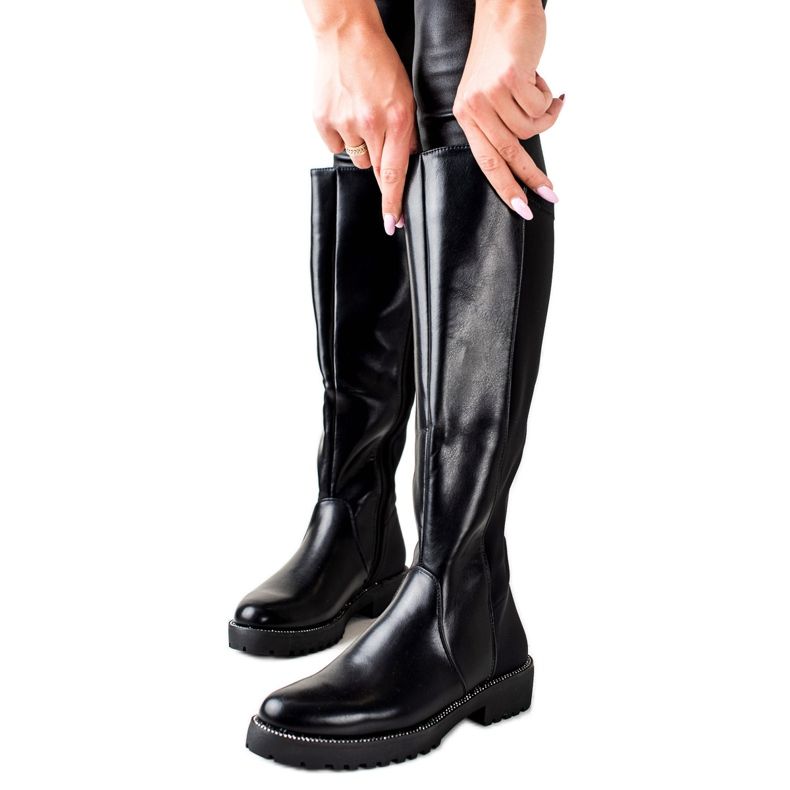 Bella Star Botas de couro ecológico com zircônia cúbica preto