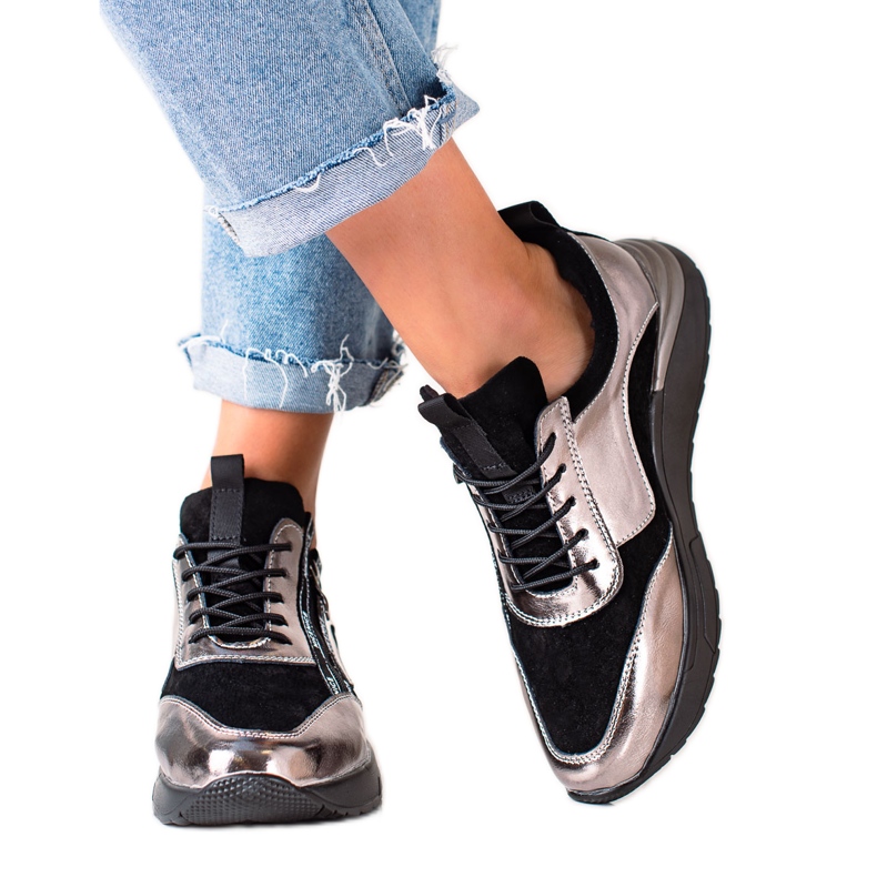 W. Potocki Tênis preto e prata feito de couro Potocki dourado