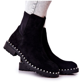 Botas pretas de camurça venie com pérolas preto