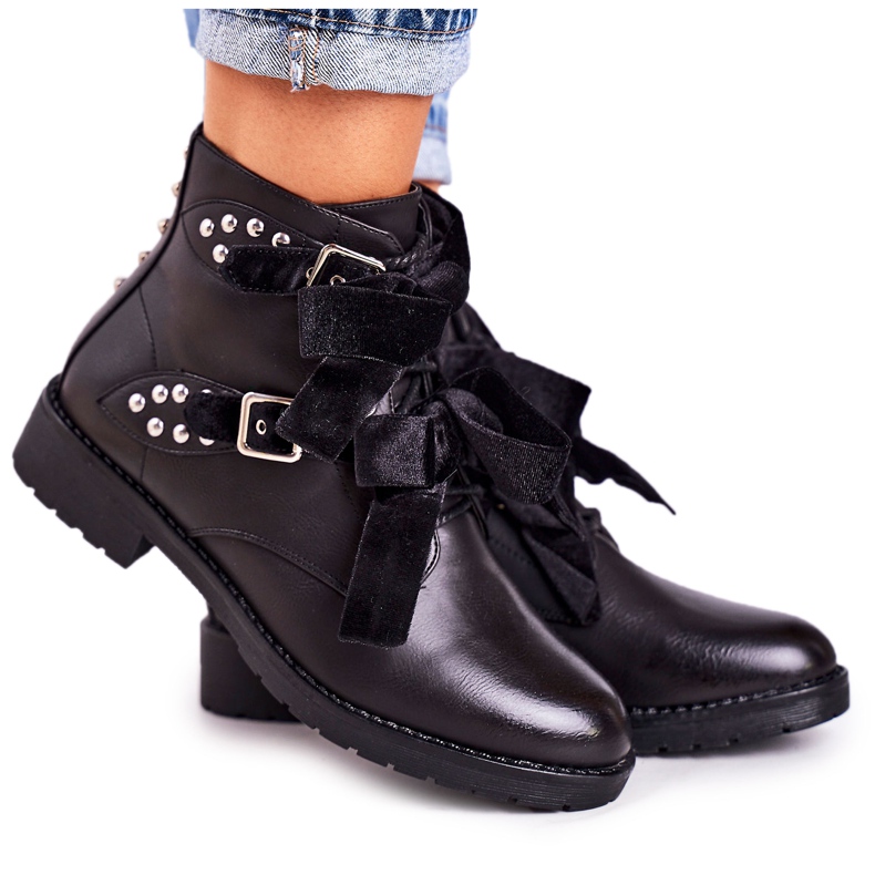 SEA Botas quentes femininas com fechos e fita preta especial preto