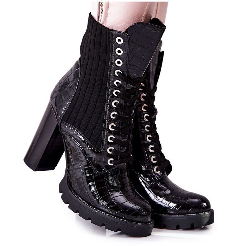 PG1 Botas femininas com salto alto padrão de crocodilo preto erdogan