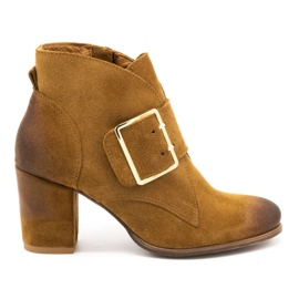 Exquisite Botas femininas de couro com fivela de salto alto camelo 1262EX castanho