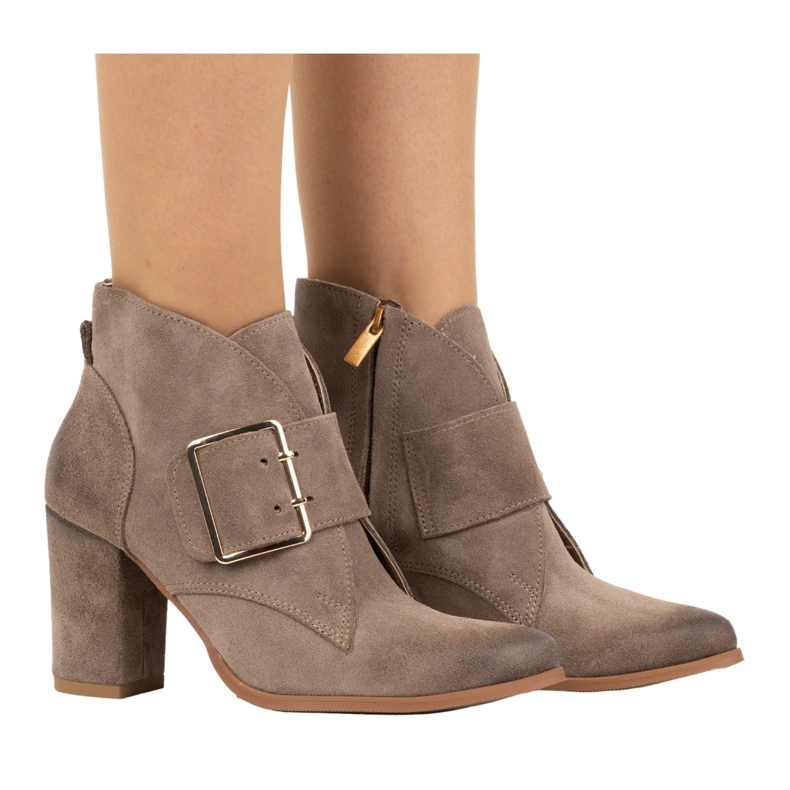 Exquisite Botas femininas de couro com fivela de salto alto bege escuro 1265EX