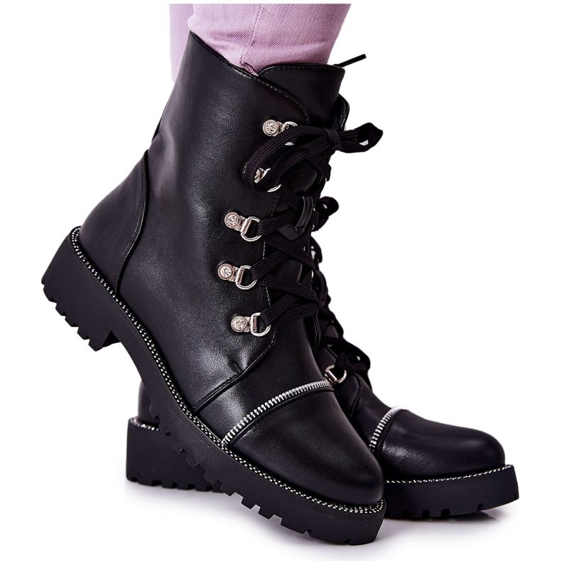 PG1 Botas clássicas de couro preto daiane amarrada