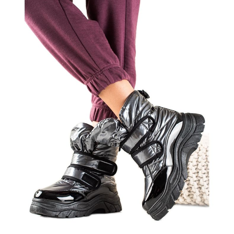 TRENDI Botas de neve brilhantes com velcro preto prata