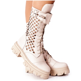 PA2 Botas femininas de couro a céu aberto Trappers Beige Hootie bege