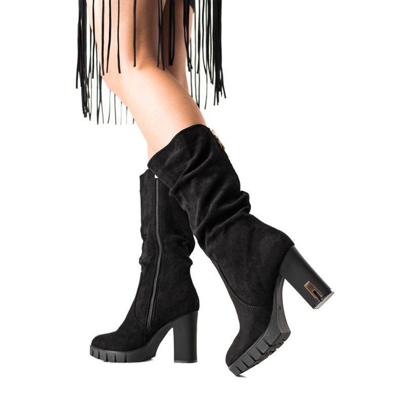 TRENDI Botas de camurça com salto fosco preto