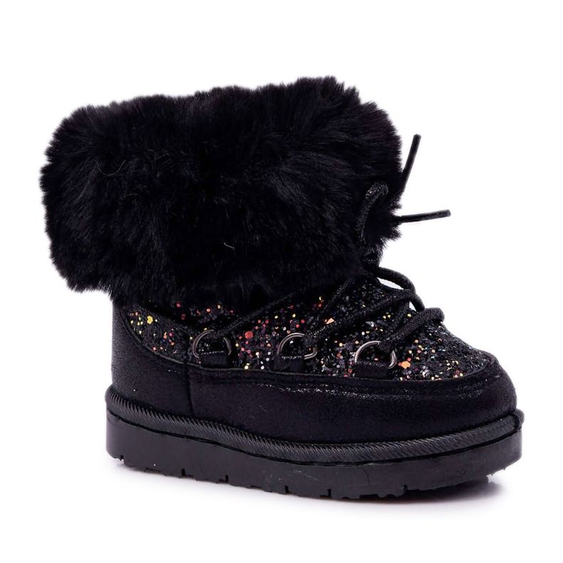 FRROCK Botas de neve infantis quentes com pele de raposa de cristal negro preto