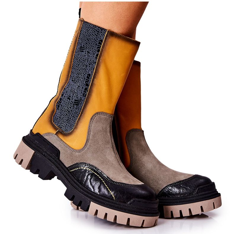 Botas altas de couro maciejka amarelo-cinza 05141-07 bege preto dourado