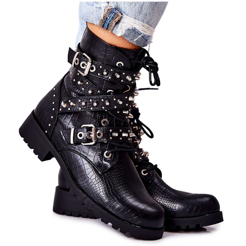 Botas de couro com riscas padrão animal preto Kepherine