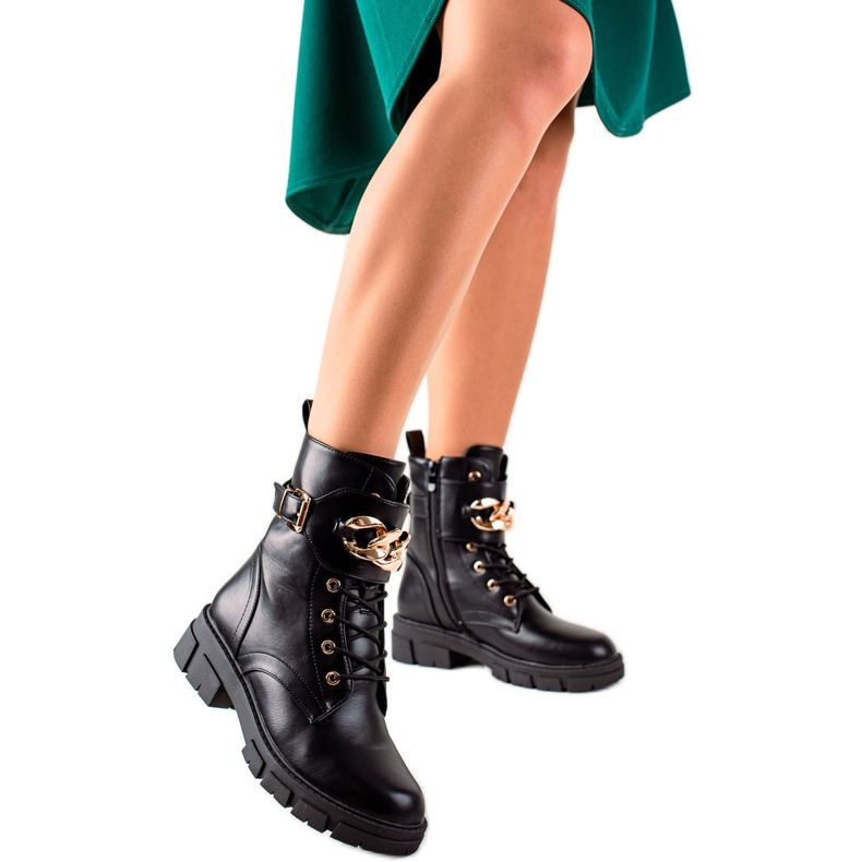 TRENDI Armadilhas de botas elegantes feitas de couro ecológico preto