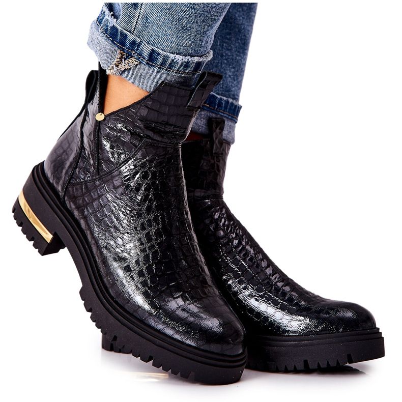 PA2 Botas de couro quente crocodilo preto tanya