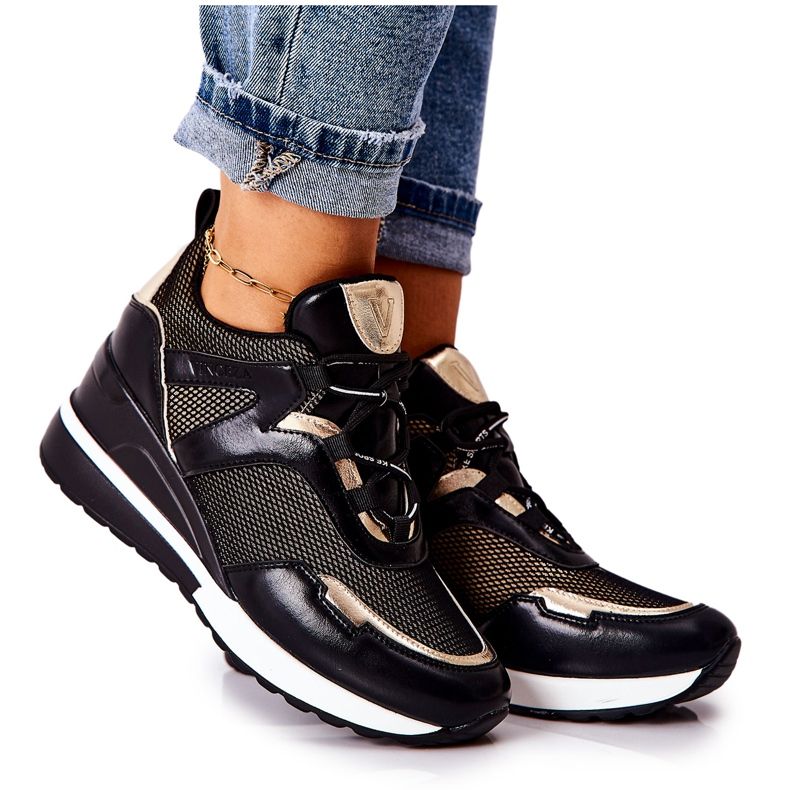 Vinceza Tênis feminino esportivo tênis Colli preto-ouro dourado