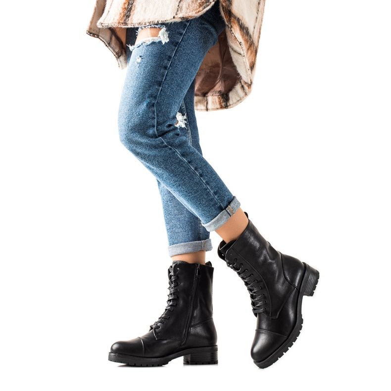 Laura Mode Botas amarradas em couro ecológico preto