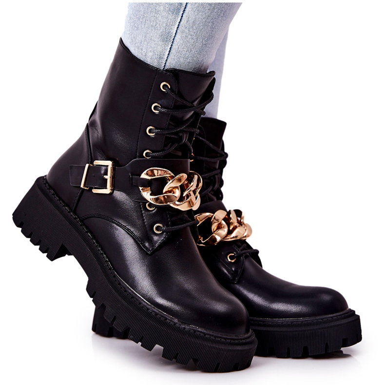 WS1 Botas de trabalhador molisa pretas com corrente preto dourado