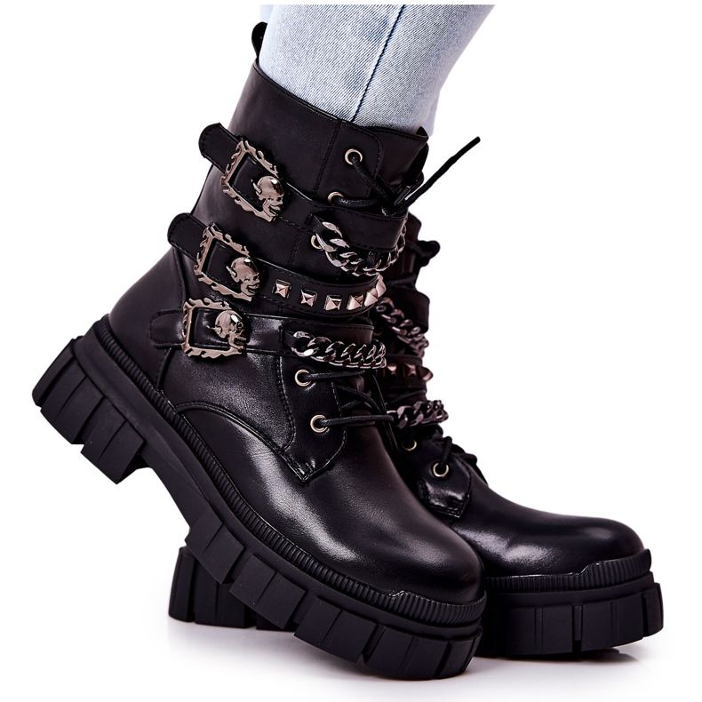 WS1 Botas amarradas com corrente com fivela preta reiloy preto