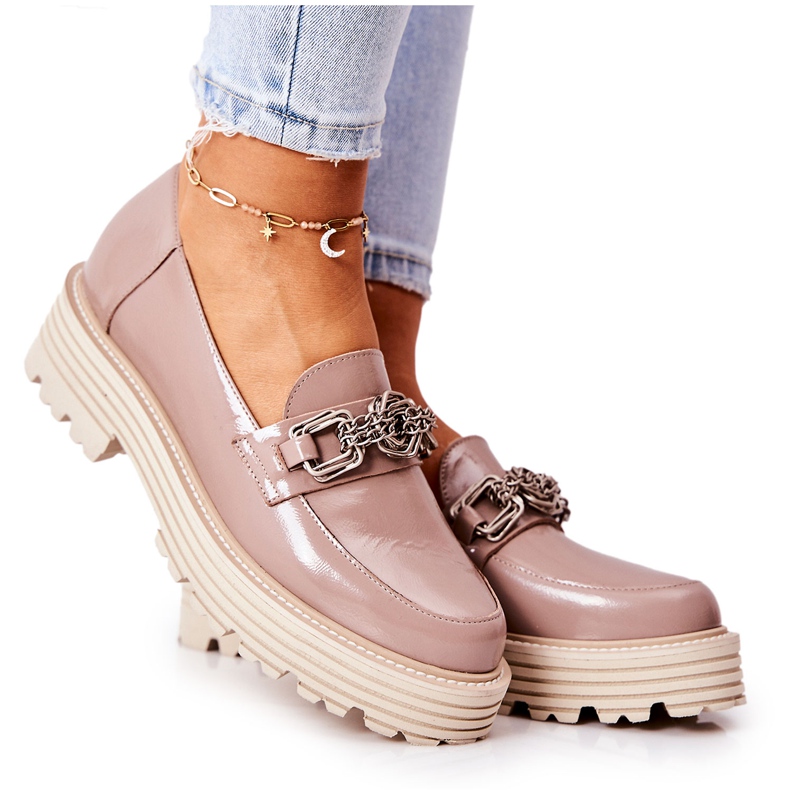 Mocassins Brogues Femininos de Couro Bege Escuro Laura Messi 2383