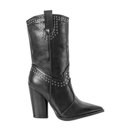 BM Botas de cowboy pretas com um topo Bora decorado preto BM Botas de cowboy pretas com um topo Bora decorado preto