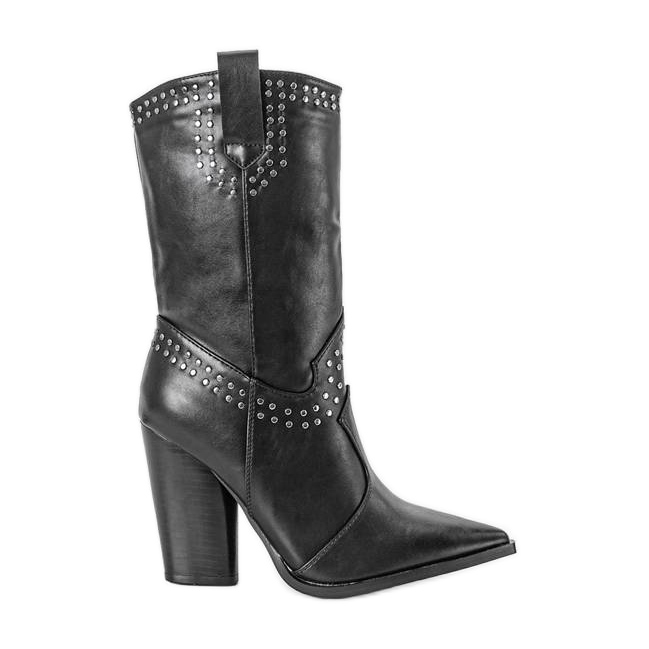 BM Botas de cowboy pretas com um topo Bora decorado preto BM Botas de cowboy pretas com um topo Bora decorado preto