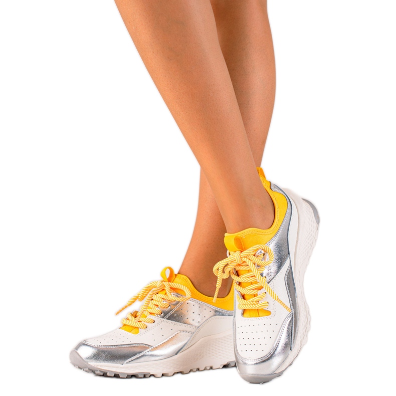 Goodin Tênis elegantes de couro branco prata amarelo